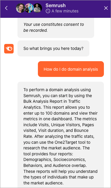 Testing Semrush's live chat feature