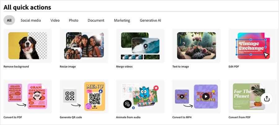 Adobe Express 'quick actions' menu