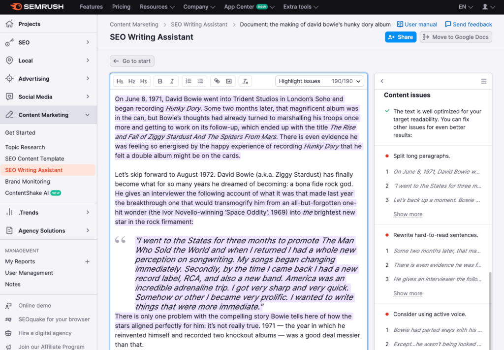 Semrush's SEO Writing Assistant tool in use