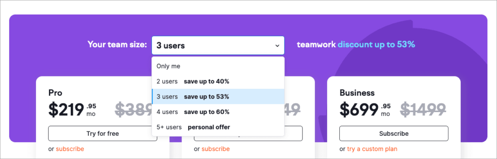 Information about Semrush's 'teamwork' discounts