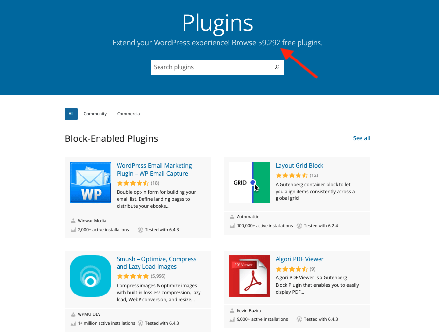 WordPress plugins in the official WordPress plugin directory displaying over 59,290 plugins available.