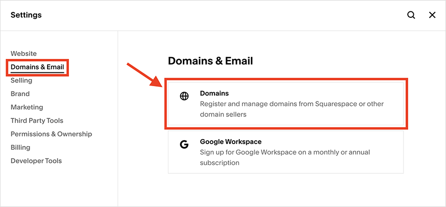 Accessing domain settings in Squarespace.