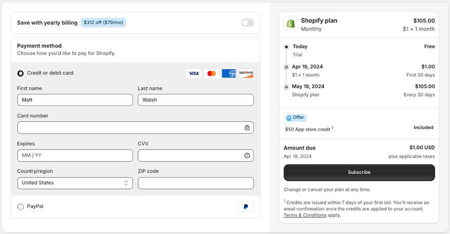 Adding your card details and starting your preferred billing cycle