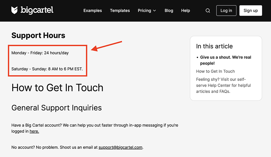 BigCartel 's contact information page.