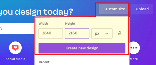 Creating a design using Canva's 'custom size' option.