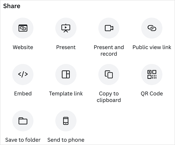 Some of the presentation sharing options available in Canva