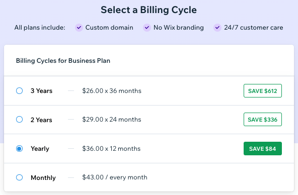 Choosing a billing cycle for Wix