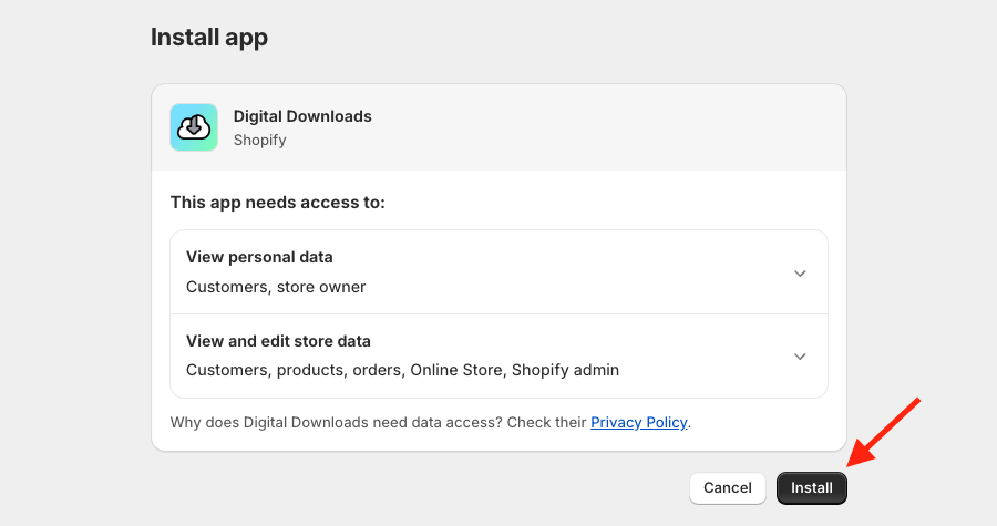 Confirming installation of the 'Digital Downloads' app.