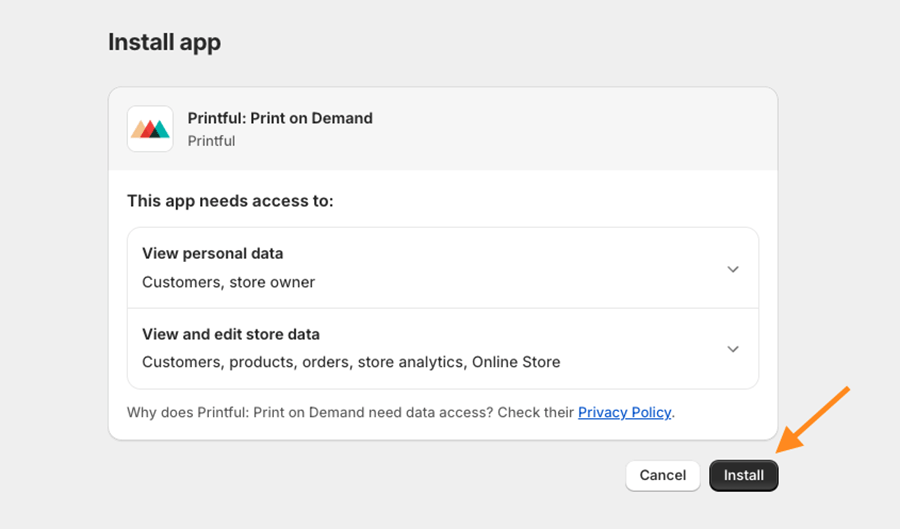 Confirming a Printful app installation in Shopify
