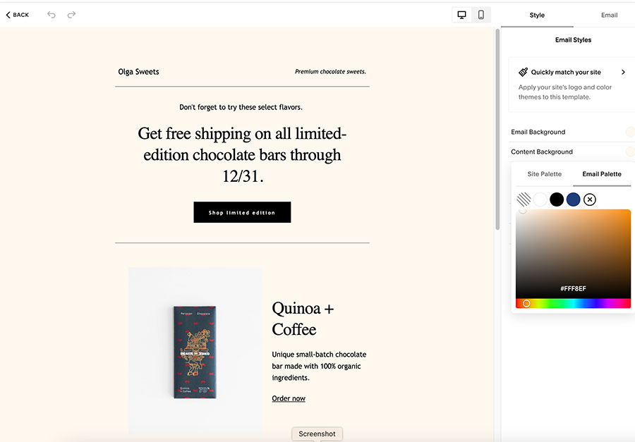 Creating emails with Squarespace email campaigns.