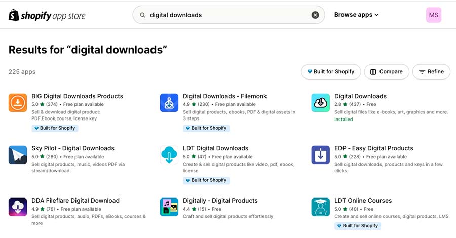 Digital downloads apps in the Shopify app store.