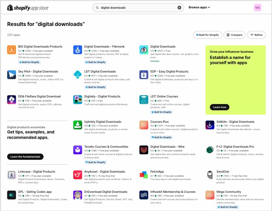 Digital download apps in the Shopify app store — at time of writing, there are 225 available