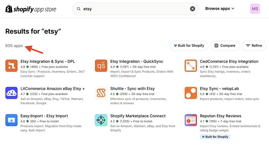 Etsy-related apps in the Shopify App Store.