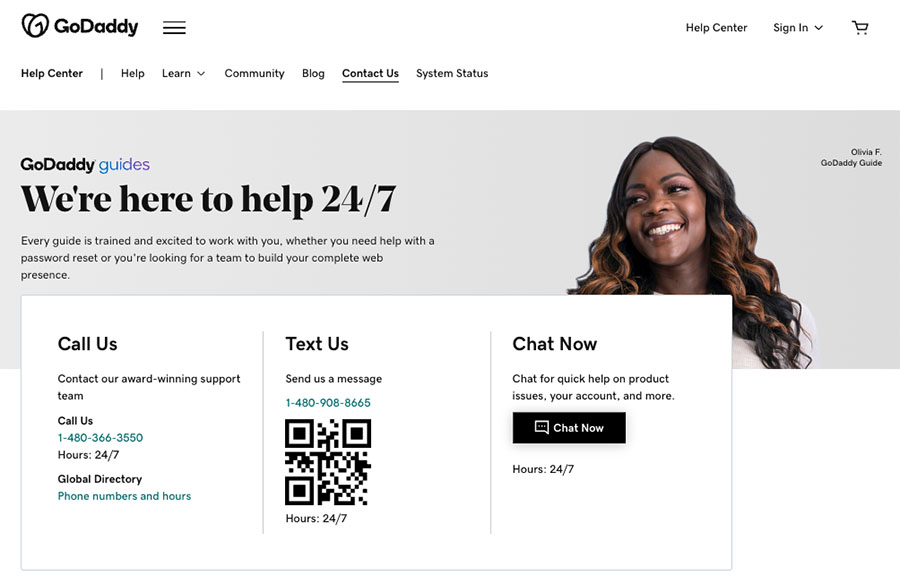 GoDaddy customer support contact page.