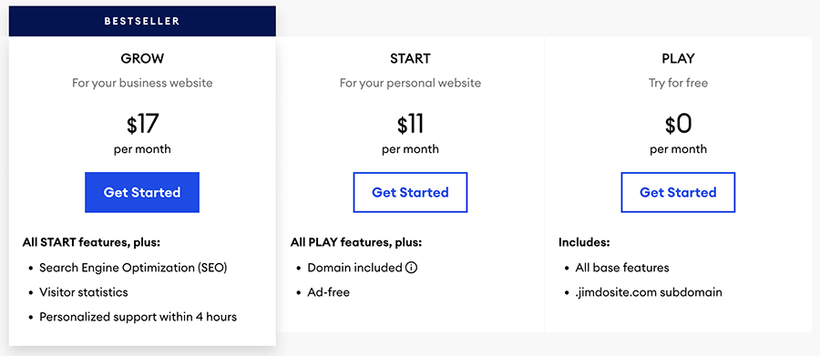 Jimdo pricing in the USA for its 'Website' plans