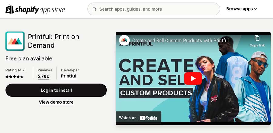 The official Printful app in the Shopify app store