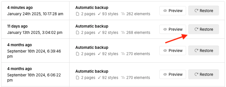 Webflow backup functionality