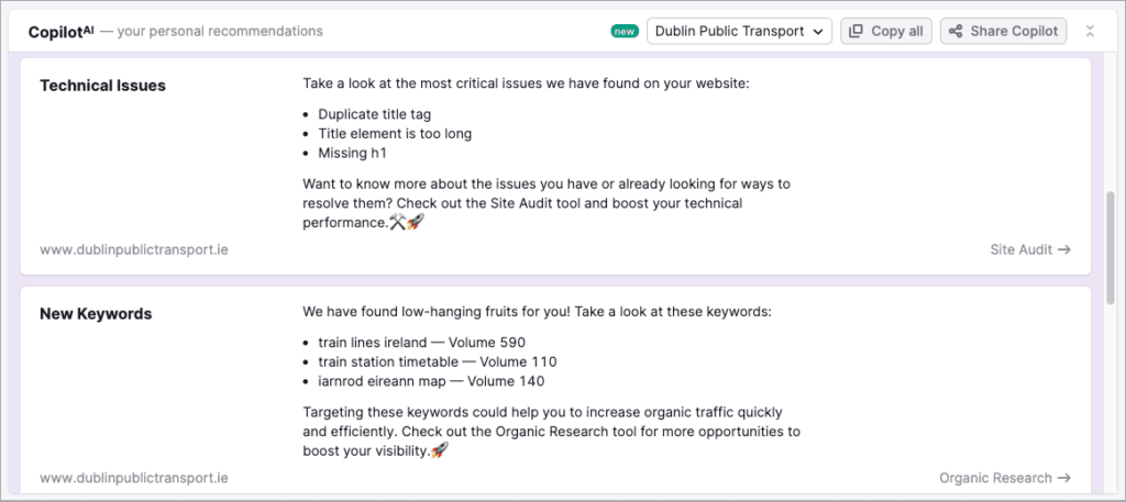 The Semrush Copilot tool