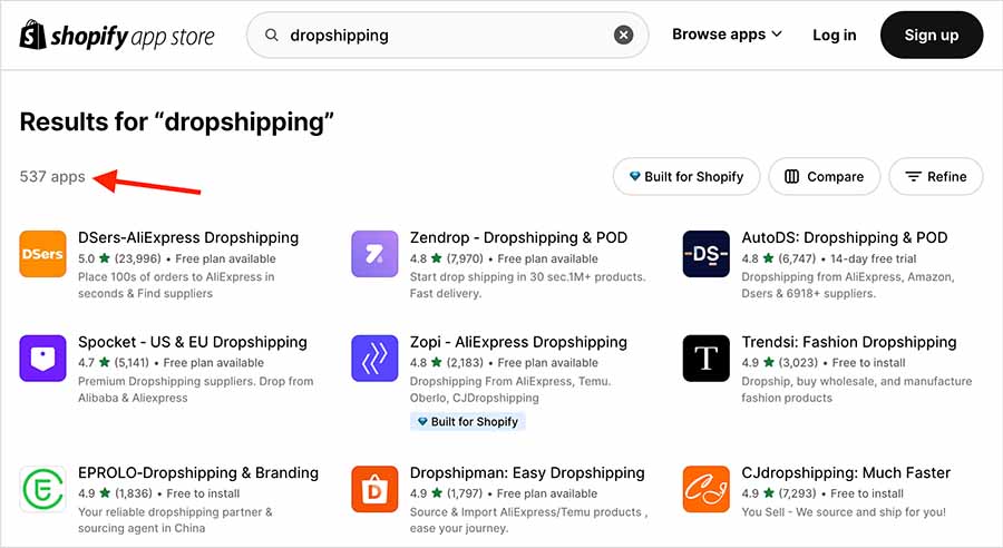 Dropshipping apps in the official Shopify app store.