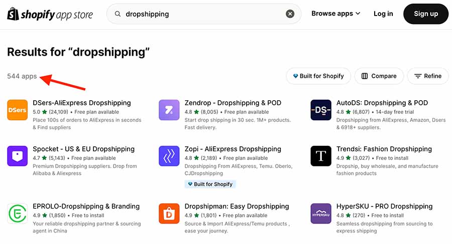 Dropshipping apps in Shopify – at time of writing, there are 544 available