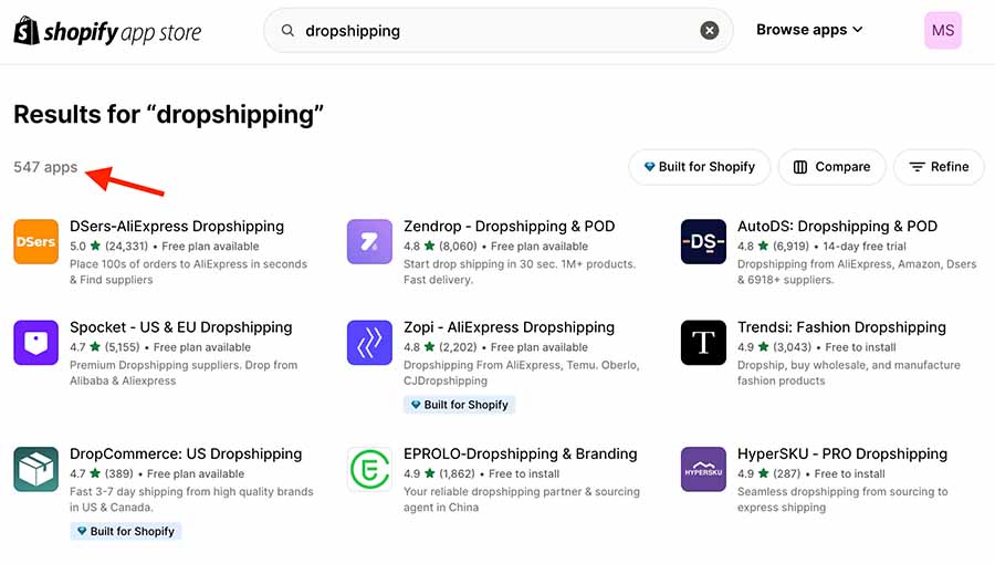 Dropshipping apps in the Shopify app store — there are currently 547 available