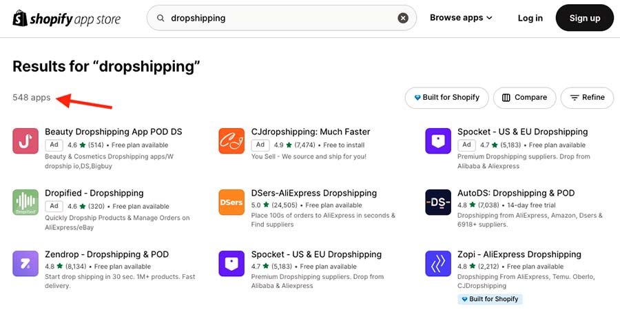 Dropshipping apps in the official Shopify app store.