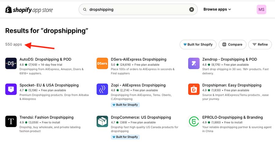 Dropshipping apps in the Shopify app store