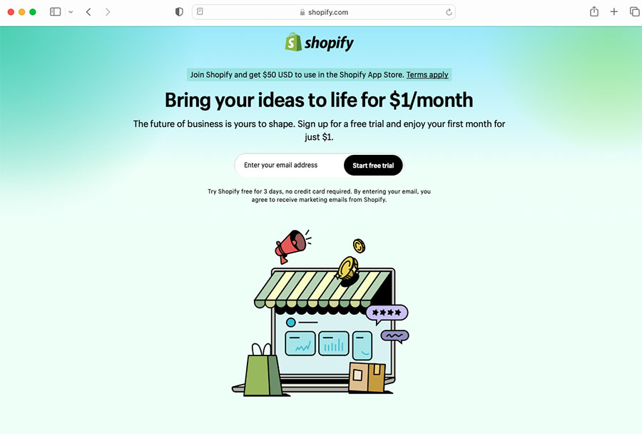 Shopify free trial page.