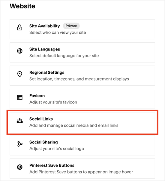 'Social Links' settings