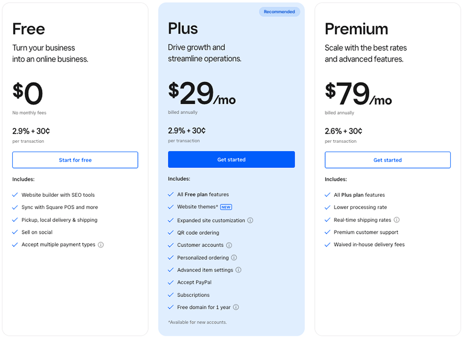 Pricing plans for Square Online.