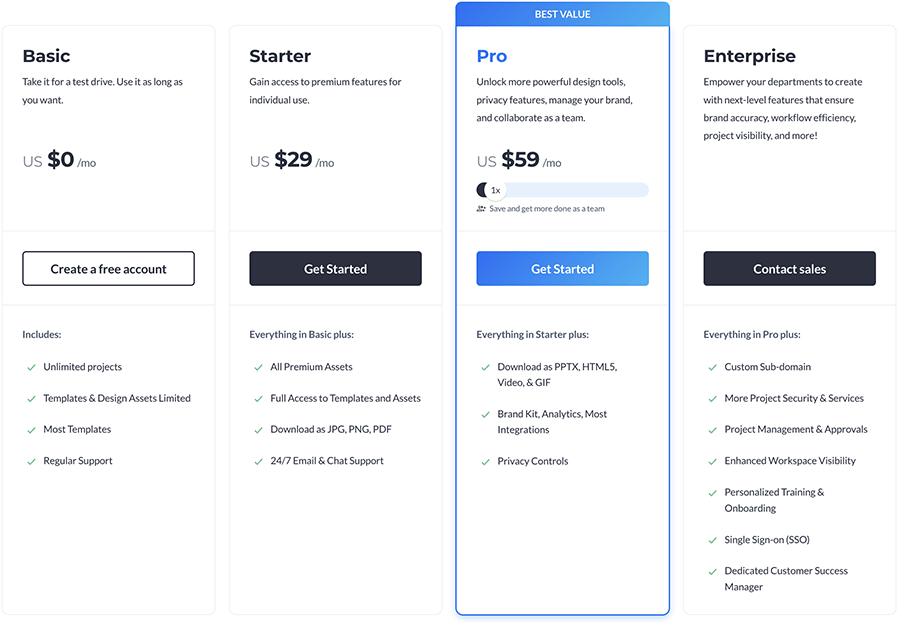 Visme pricing plans.