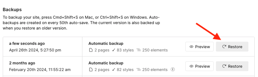 Webflow backup functionality