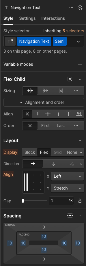 Style controls in the Webflow designer