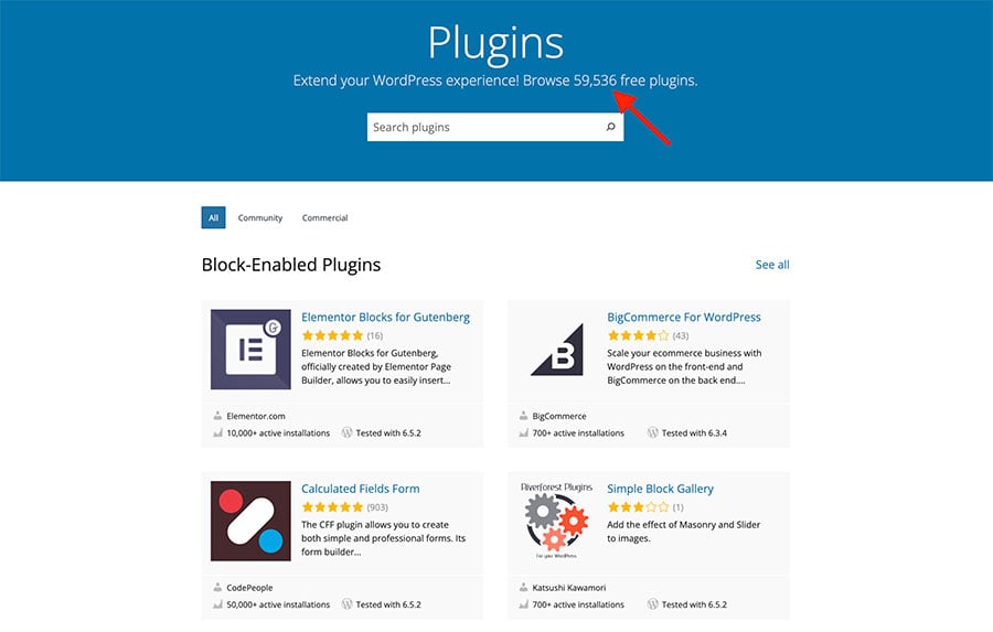 WordPress plugins in the official WordPress plugin directory displaying over 59,536 plugins available.