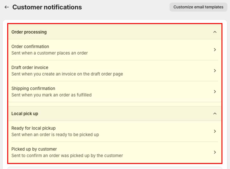 Shopify email notification configuration options.