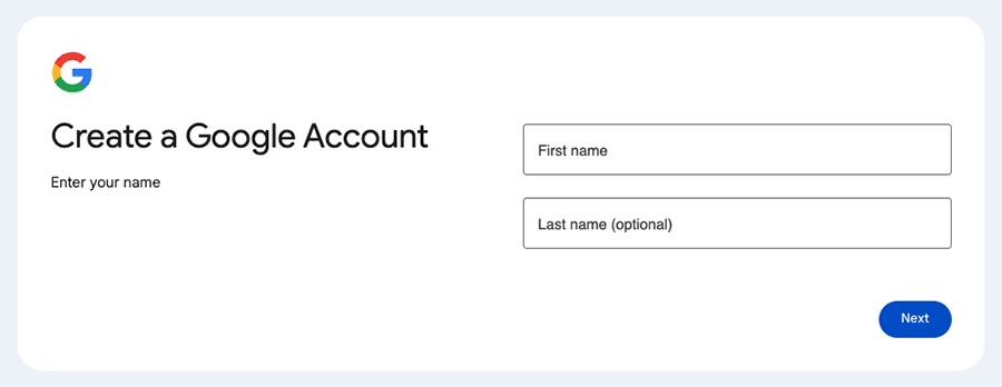 The Google account creation page.
