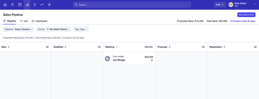 Managing deals in a Capsule CRM sales pipeline.