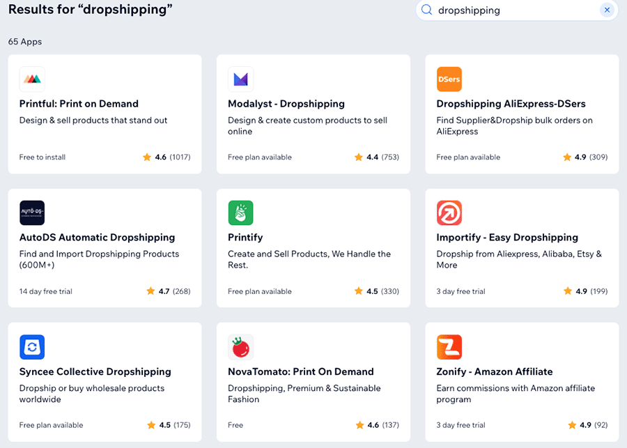 A selection of dropshipping apps available from Wix's App Market.