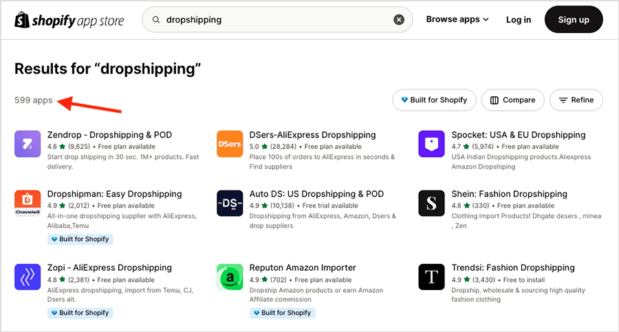 Dropshipping integrations in Shopify — at time of writing, there are around 600 available in its app store