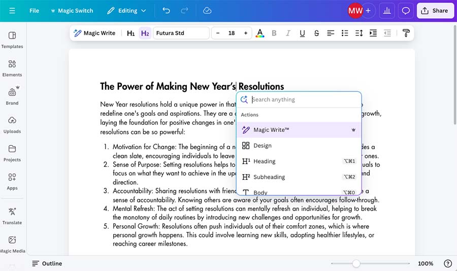 Editing a document with 'Canva Docs'.