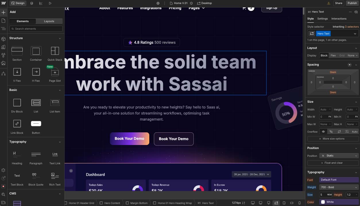 Webflow design interface