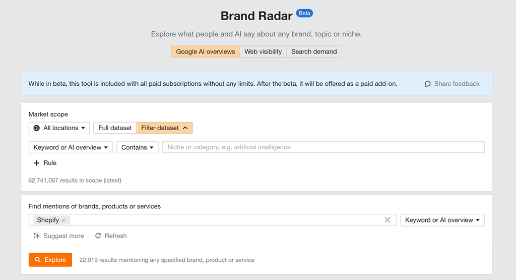Ahrefs' 'Brand Radar' tool