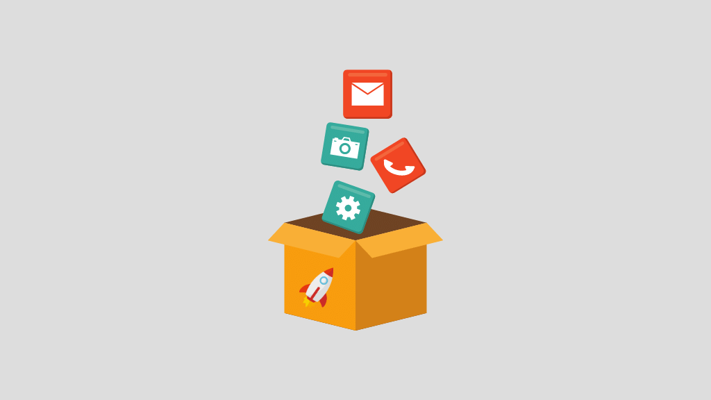 Apps for startups image (a box with a rocket on it, and some productivity app icons)