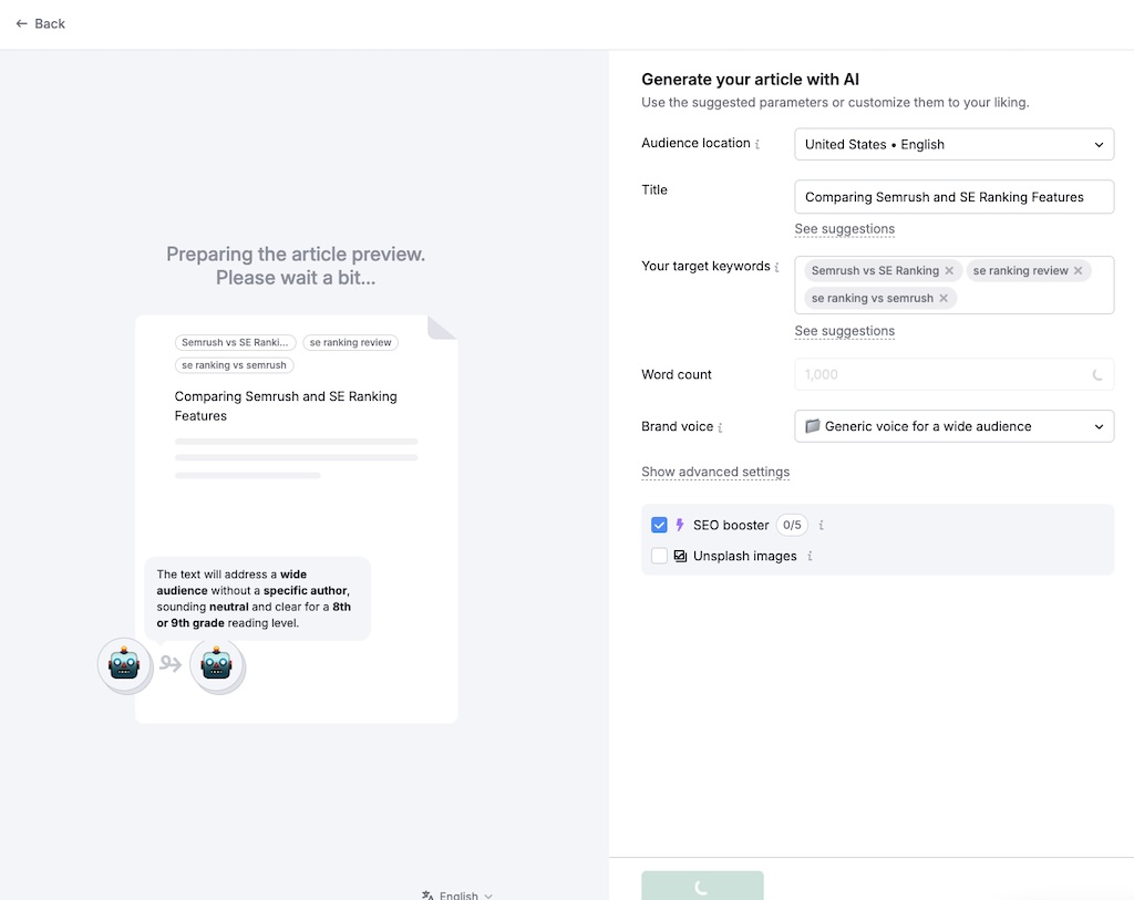 Using Semrush's Article Generator tool