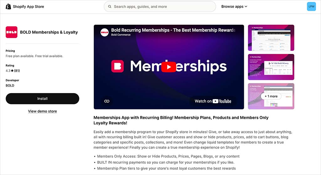 The Bold memberships app for Shopify
