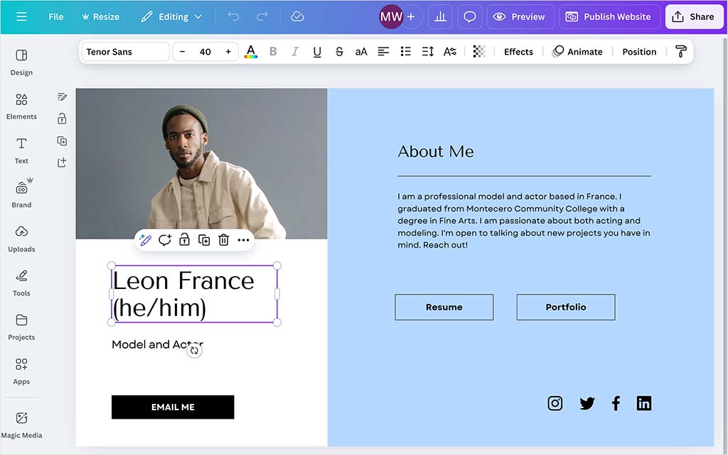Building a website with a template in Canva.