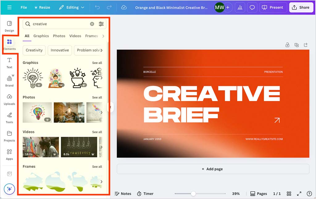 Canva's 'Elements' panel