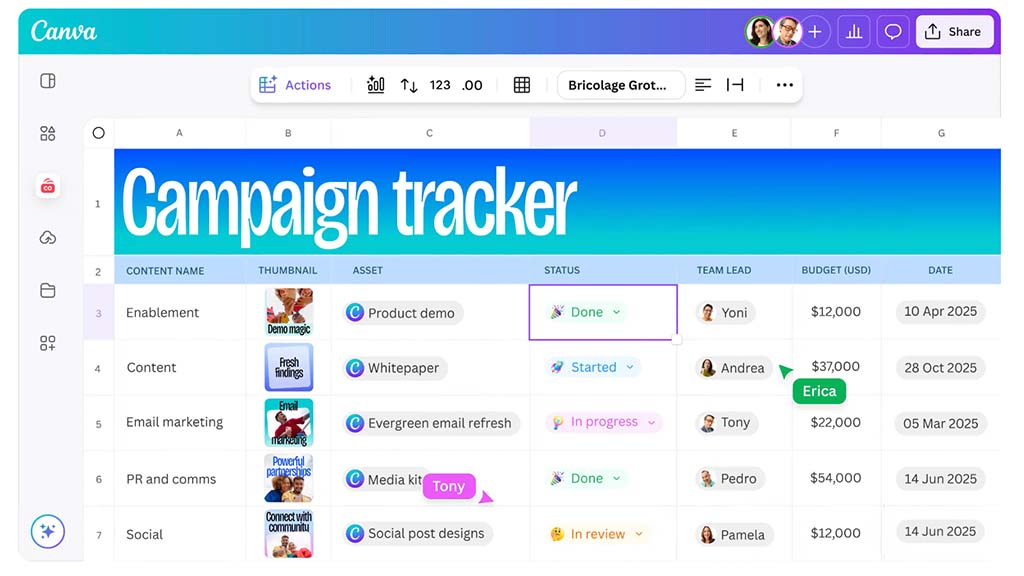 Canva's new spreadsheet tool.