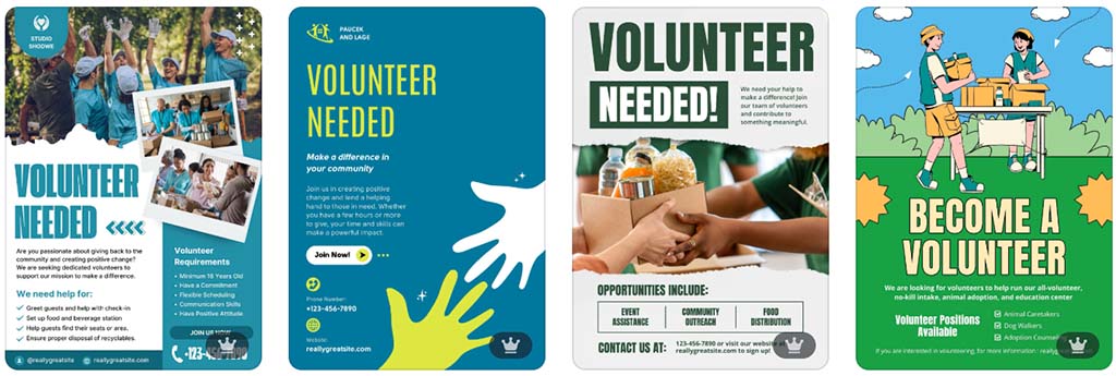 Some examples of volunteer poster templates from Canva's template library.