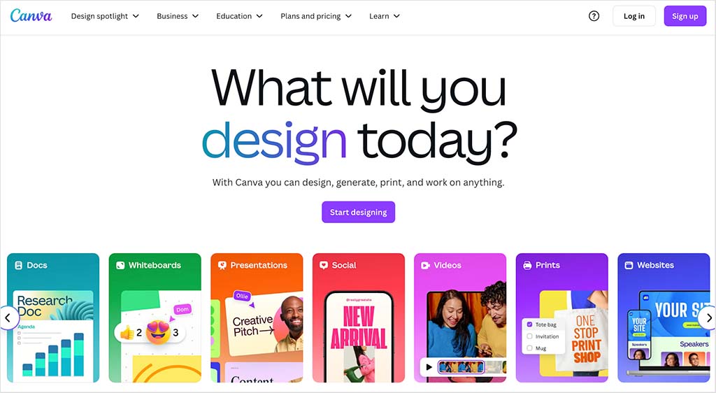 The Canva home page
